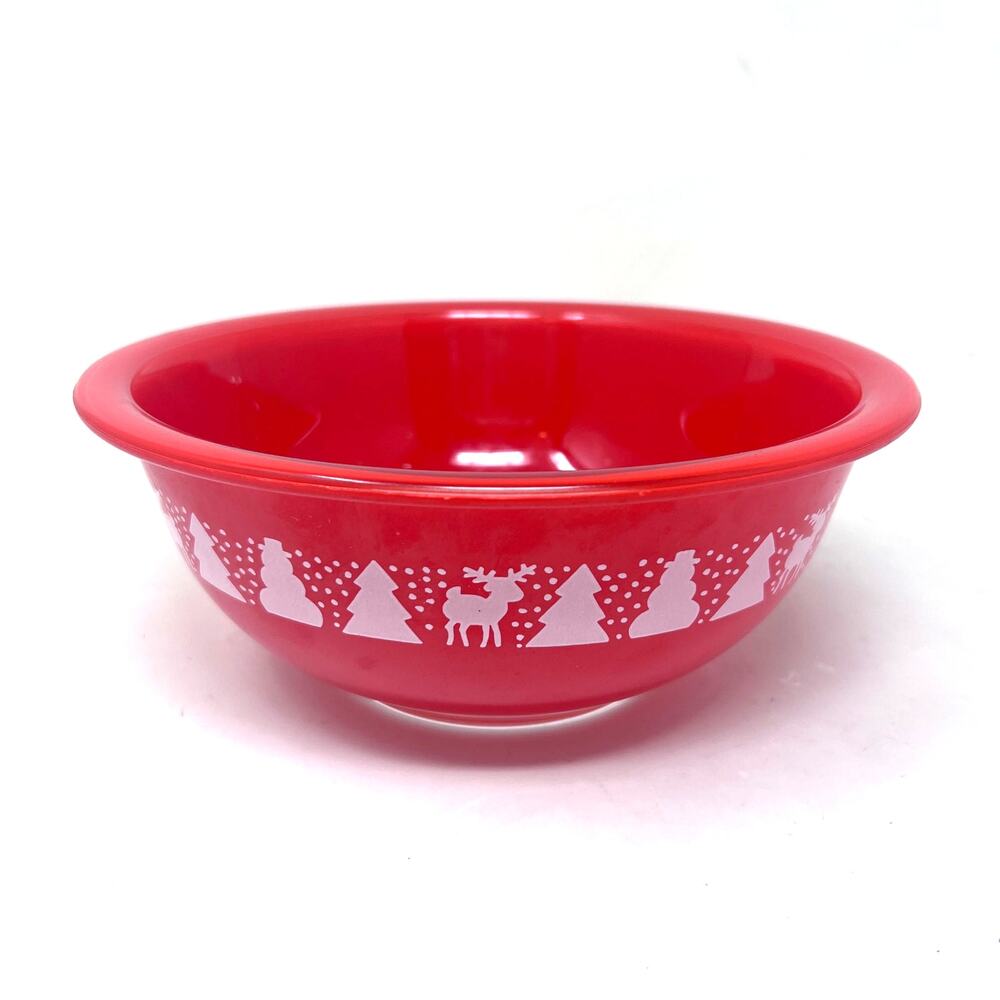 Vintage Pyrex Christmas Bowl‎ 323 Red Mixing Glass Tree Reindeer Snowman 1.5L